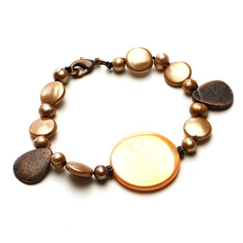 Looklove Womens Jewelry Fresh Water Pearls And Glass Disk Bracelet Coral Color 8" Long #TOP5