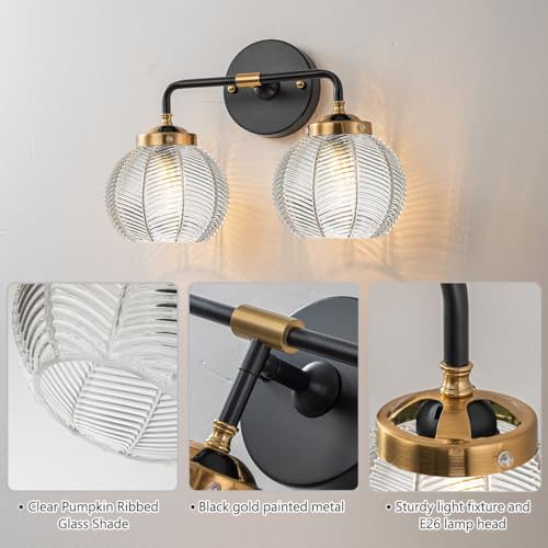 Image of 2 Light Bathroom Vanity Light Clear Glass Globe Wall Sconce Lights | Black Wall Mount Light with Ribbed Glass Shade, Mid Century Modern Style E26 Base for Over Mirror Bedroom Hallway Powder room