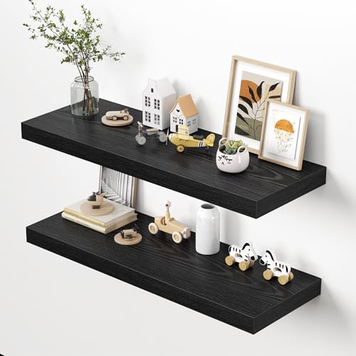 Image of Dreamland 40 inch Floating Shelves for Wall, 12 inch Deep Thicker Black Floating Shelves, Wall-Mounted Shelves for Bedroom, Living Room, Kitchen, Bathroom - Set of 2