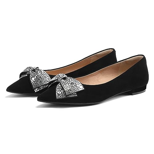 FYS Women Bowknot Pointed Toe Pumps Rhinestone Studded Low Heel Ballet Flats Comfy Slip On Bridal Club Dress Shoes Size 4-16 US3
