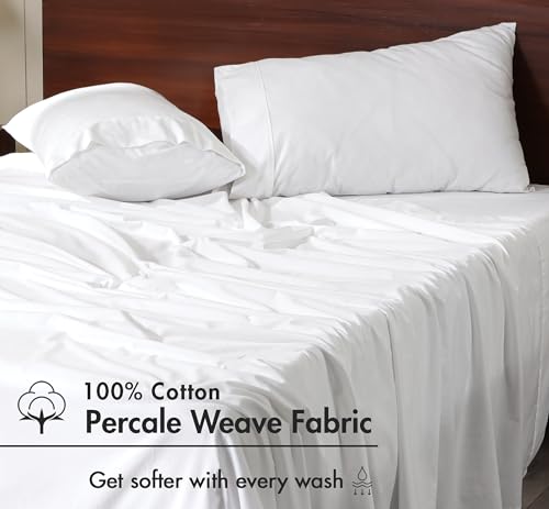 Image of RUVANTI 100% Cotton Percale Sheets Twin - Crisp Cooling Summer Bed Sheets for Hot Sleepers, Deep Pocket 14 inch, Soft Peach Finish, Breathable & Durable Hotel-Style 3 Piece Set, Bright White