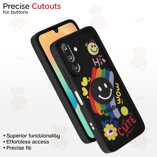 Image of Pikkme Back Cover for Samsung Galaxy M36 5G | Soft Silicone| Cute Rainbow Smile & 3D Cartoon Flower Design | Shockproof Raised Camera Protection Bumper Case (Black)