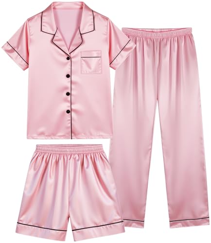HONGTEYA 3 Piece Girls Clothes Sets, Silk Satin Teens Outfit Size 8-15 Years