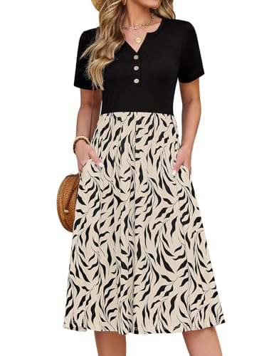 CMTOP Robe Femme Ete Chic et Elegant Col en V Fleurie Robe Mi Longue Décontractée Manches Courtes Boutons Genou Légère Robe Style Taille Empire avec Poches...