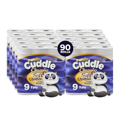 Panda Cuddle 3Ply Quilted Toilet Paper Ultra Soft & Gentle Bulk Loo Rolls Mega Value Pack of 90 Rolls Sustainable Gentle Bathroom Tissue & Unscented- 90 Pack Bulk Bathroom Tissue