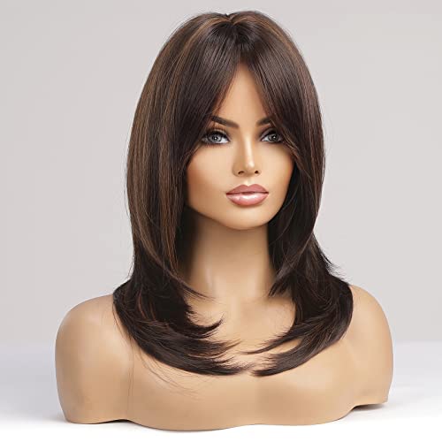 EMMOR Brown with Blonde Highlight Wigs for Women Shoulder-Length Wig with Bangs Synthetic Hair Layered Wigs Heat Resistant Fibre Natural and Realistic - Image 2
