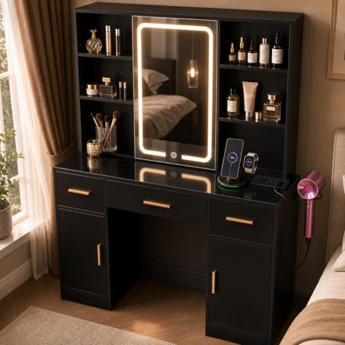 knoworld Black Dressing Table with LED Mirror and Power Outlet 110cm Vanity Desk with Drawers Sliding Mirror Storage Shelves Hair Dryer Holder Makeup Table for Bedroom
