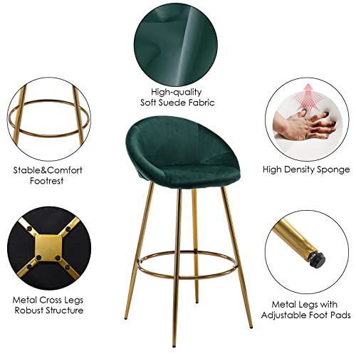 Chairus Bar Stools Set Of 2, 30 Inches Modern Bar Height Stools Chairs With Round Back & Brass Gold Metal Legs, Velvet Upholstered Tall Barstools For Home Bar, Green #TOP5