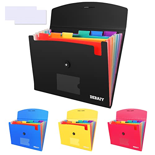 4 Pack 7-Pockets Expanding File Folders, 4pcs Accordion Document Folder Organizer, A4/Letter Size Plastic File Folder Expandable File Jackets for School and Office-Black&Blue&Yellow&Red