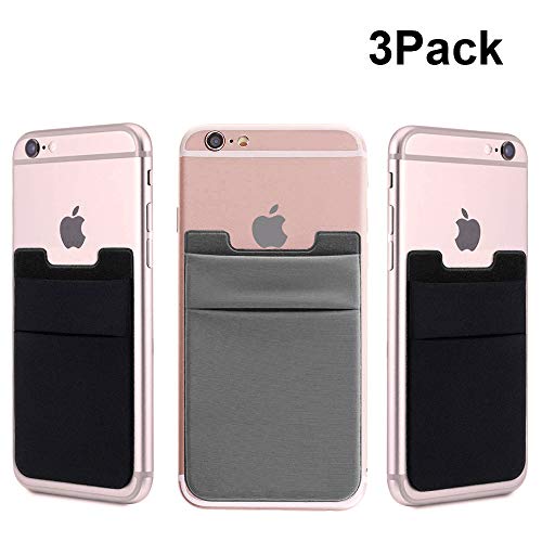 Ama Forest Cell Phone Card Wallet, 3Pack Ultra Slim Silicone 3M Self Adhesive Stick on Wallet for ID Credit Card Phone Sleeves Pocket for iPhone Android Samsung Galaxy Black+ Pink (Grey)
