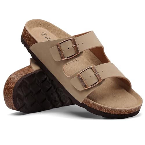Image of KIDMI Unisex Summer Sandals Arch Support Cork Footbed Slide Sandals with Double Adjustable Buckle for Women Men