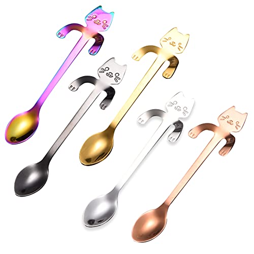 5Pcs Cat Coffee Spoon Sugar Spoon Cat Stirring Spoons for Tea Dessert Stainless Steel