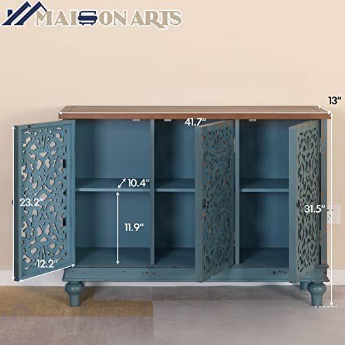 Maison Arts Sideboard Buffet Storage Cabinet, Accent Cabinet With 3 Hollow Carved Doors Distressed Decorative Farmhouse Cabinet Cupboard For Kitchen, Dining Room, Living Room, Bedroom, Entryway, Blue #TOP6