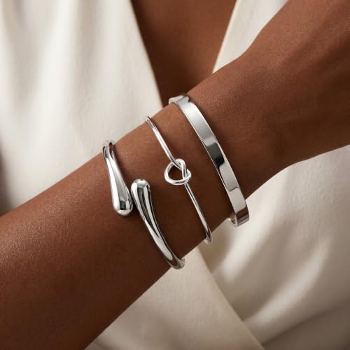 Poaiiu Silver Cuff Bangle Bracelet Set for Women, 3Pcs 14K Silver Plated Stackable Bracelets, Knot Hinged Open Cuff Layered Bracelet Stack, Platinum Look Trendy Cool Jewelry for Her Everyday Styling — view 2