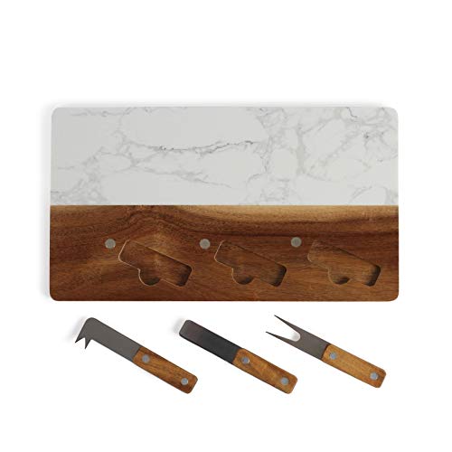Tagliere per formaggi in legno marmo con coltello per formaggio, forchetta da formaggio, tagliere per formaggi (tagliere da portata, formaggio, vassoio da servizio, 35 x 20 cm)
