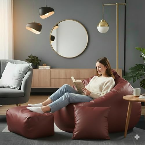 Image of Luxury 5XL Jumbo Bean Bag with Footrest & Cushion | Premium Leatherette | High-Density Beans Filled | Heavy Duty Double Stitch | 6 Months Warranty Color- (Navy Blue) (Maroon)