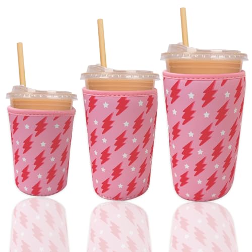 Image of Reusable Insulated Neoprene Iced Coffee Cup Sleeve, Durable Drink Sleeve for Cold Beverages, Beverage Holder for Iced Coffee, Pink Flash
