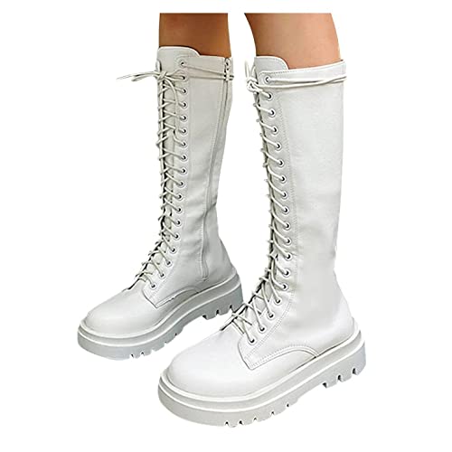 HINDOLA Women's Knee High Boots Winter Lace up Zipper Mid Calf Military Boots Leather Riding Combat Boots