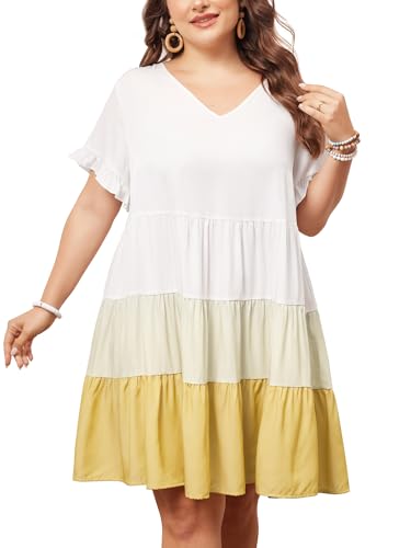 Image of Agnes Orinda Women's Plus Size Babydoll Ruffle Short Sleeve Casual Loose Flowy Swing Hem Chambray V Neck Mini Dress 4X Yellow
