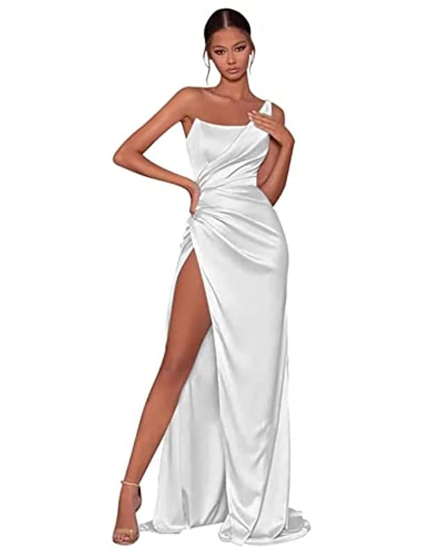 One Shoulder Prom Dresses for Women Satin High Slit Long Formal Dresses Sleeveless Bodycon Dress Ruched Evening Gown