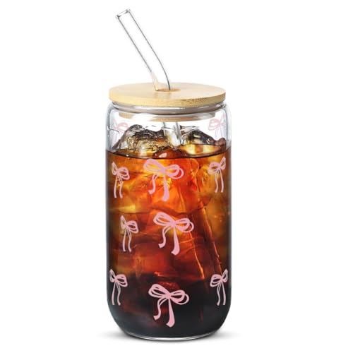 Kayuneed Eleganter 16 oz Glass Tumbler, Coquette Bow Design, Glasbecher mit Deckel und Strohhalm, Trinkgläser, Cocktailgläser Eiskaffee Gläser, ideal für Smoothie,Latte,Macchiato,Whiskey, 500ml