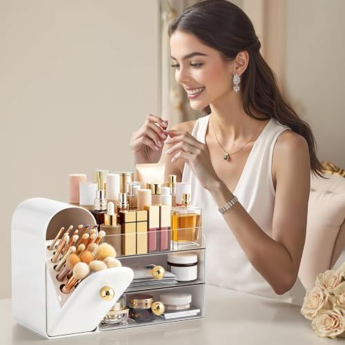 Image of HBlife Makeup Organizer Countertop with Drawers, Vanity Organizers with Brush Holder, Bathroom Counter Organizer for Perfume, Nail Polishes, Lipsticks, Skincare and Eyeshadow Palettes, White and Clear