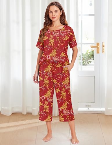 Image of Ekouaer Women's Two Piece Lounge Set Short Sleeve Shirt and Capri Pants Mumu Pajama with Pockets Loungewear Pjs Sets S-2XL