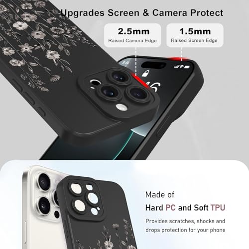 Image of Designed for iPhone 16 Pro Case Flower for Women Girls, Black | Cute Floral Pattern Liquid Silicone Phone Case [Full Camera Protection] Slim Soft TPU Protective Cover