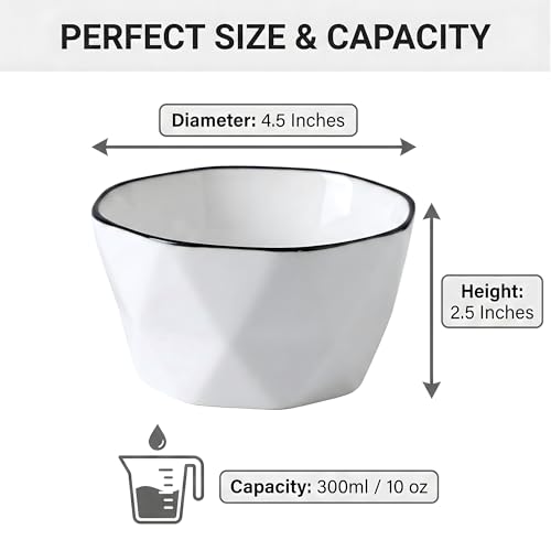 Image of Modern Geometric White Ceramic Bowls, Food Grade Porcelain with Minimalist Black Rim, Lead & Cadmium Free, Chip-Resistant Snack & Cereal Bowls (Set of 2)