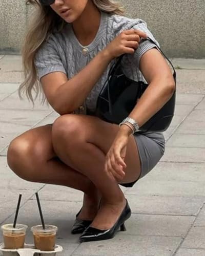 Image of Women Cable Knit Short Sleeved Sweater Cardigan Casual Button Up Soft Solid Sweater Shirt Grey