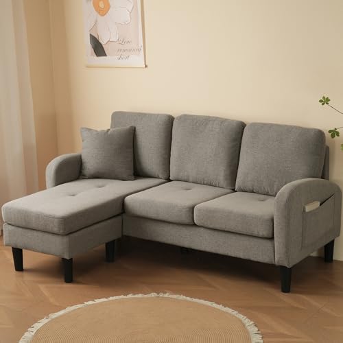 TOBIDOEN Sofá esquinero de 3 plazas con chaise longue, diseño modular flexible y ordenable, lino de algodón transpirable, estructura robusta patas de plástico, cómodo para espacios pequeños, 166 x 118