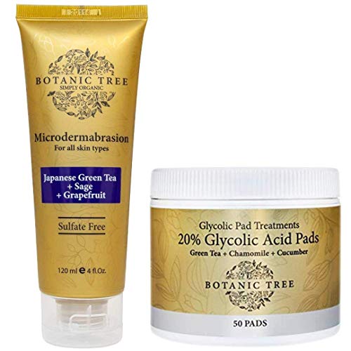 Botanic Tree Microdermabrasion Facial Scrub and Face Exfoliator Botanic Tree-Large Size 4oz, And Glycolic Acid 20% Resurfacing AHA Peel Face Pads
