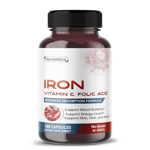 HarmoVira Liposomal Iron with Vitamin C Folic Acid B12 B6 B1 Support Energy & Red Blood Cell Formation Gentle Formula 180 Capsules Non-GMO Gluten-Free