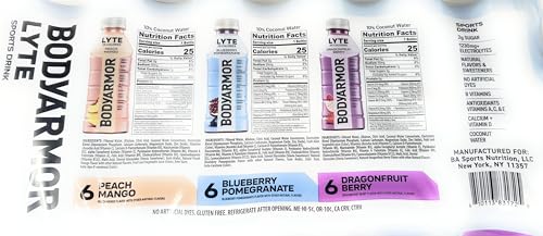 Bodyarmor Lyte Sports Drink Variety Pack 20 fl oz - 18 bottles - 3 flavors (peach mango, blueberry pomegranate, dragonberry fruit)