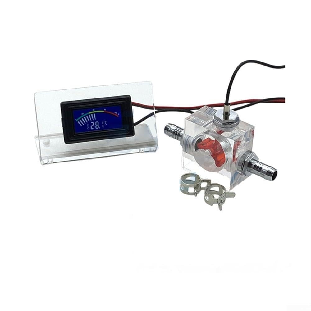 Three-Way Flow Meter with LED Thermometer - For Water Cooling System, Acrylic Liquid Cooler Gauge with Pagoda Clip Connectors and Hose Clamps(red with stand)