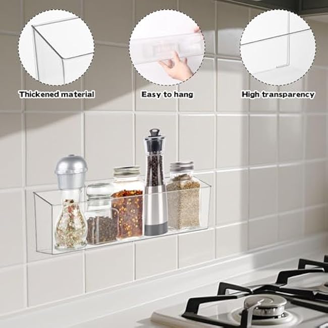 2 Pack Spice Rack, Wall Mounted Storage Organizer Bins, Clear Plastic Seasoning Jars Rack Condiment Bottles Shelf Removable Makeup Organizer for Kitchen Cabinet Doors Pantry RV Organization