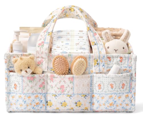 Image of Corduroy Baby Diaper Caddy Organizer with Handles, Nursery Storage Basket