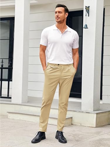 Image of Mens Chinos Slim Fit Pants Stretch Tapered Dress Pant Casual Trousers | Skinny Slacks, Flat Front Design, Stretch Cotton Fabric, Solid or Plaid, Work Dress Pants, Business Casual Wear