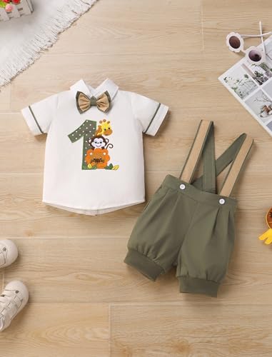 ODASDO Baby Boys Jungle Safari 1st Birthday Cake Smash Outfit Short Sleeve Shirts Tops with Suspenders Shorts Set2