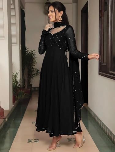 Image of Elegant Fox Georgette Gown with Sequence Work & Moti Lace Dupatta Party & Ethnic for Women