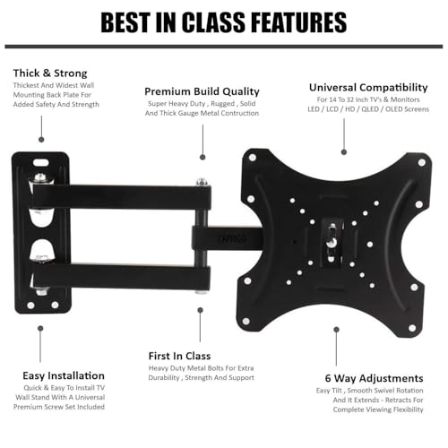 Image of Caprigo Full Motion TV Wall Mount Bracket for 14 to 55 Inch LED /HD /Smart TV's, Universal Heavy Duty TV Wall Mount Stand with Swivel Rotation & Tilt Adjustments (14 to 27 Inches)
