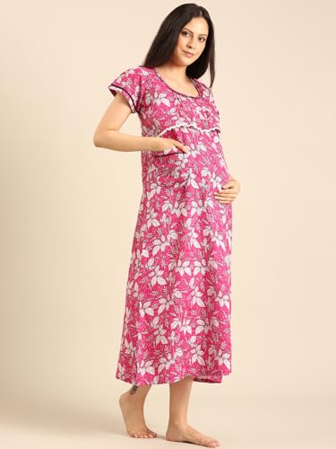 Image of Rupa Jon Aishwarya Women Full Length Maternity Night Dress in Cotton Blend Fabric, Maxi Nighty, Pregnancy Night Dress for Nursing, Pre and Post Pregnancy