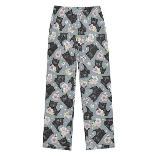 Black Cat Butterfly Floral Boys Long Pants Soft Trousers Elastic Waist Kids Lounge Bottoms with Pockets S-XL