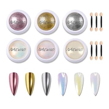 NAILWIND Chrome Nail Powder Set, 6 Colors Mirror Effect, Rose Gold Silver White Mermaid Pearl Iridescent Pigment, Magic White Pearl Chrome Powder for Nails Art Decoration