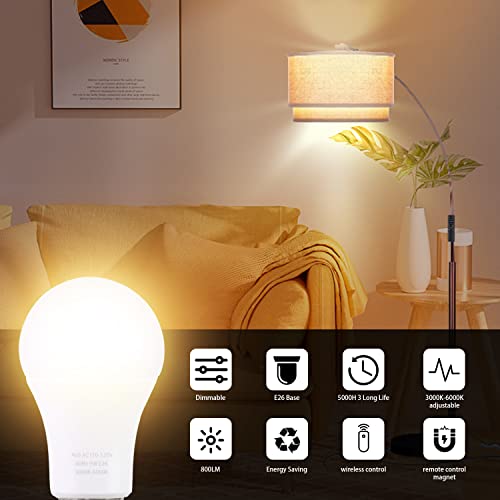 A19 LED Light Bulbs with Remote Control, 800LM 9W, 60W Equivalent LED Bulbs,Stepless Dimmable 3000K-6000K,E26 Base,CRI 80+,2.4GHz,25000+ Hours Lifespan,Light Bulb for Home Decor,1Bulb&1Remote - Image 3