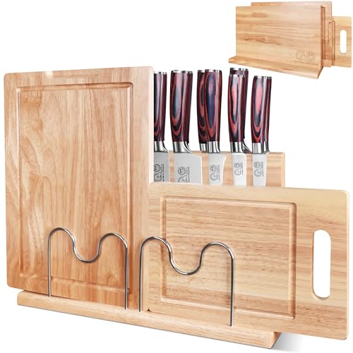 XYJ Authentic Since 1986, Magnetic Knife Block with Cutting Boards, Natural Wood, Countertop Knife Organizer, Space-Saving Knives & Prep Board Set, Kitchen Storage Solution without Knives
