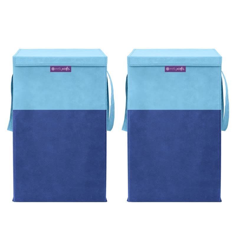 PrettyKrafts 75 L Non Woven Printed Rectangular Foldable Large Laundry Bag/Basket With Lid & Handle, Freestanding Clothes Storage Organizer for Bedroom, Dorm (36x36x53cm, Blue, Set of 2)