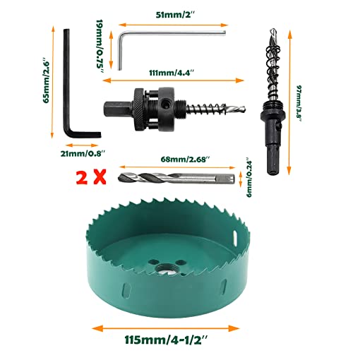 Image of 4-1 /2 Inch / 115mm Hole Saw with Heavy Duty Arbor, 4.5 Inch Hole Saw HSS Bi-Metal Hole Cutter Smoothly Cutting in Cornhole Boards, Plastic, Wood, Fiberboard, Drywall