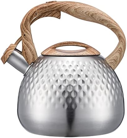 Tea Kettle, Stovetop Teapot, 2.7 Quart, Loud Whistle, Food Grade Stainless Steel and Smooth Wood Pattern Handle, Sophisticated Look for Hiking, Picnic, for Tea, Coffee, Milk (Silver)