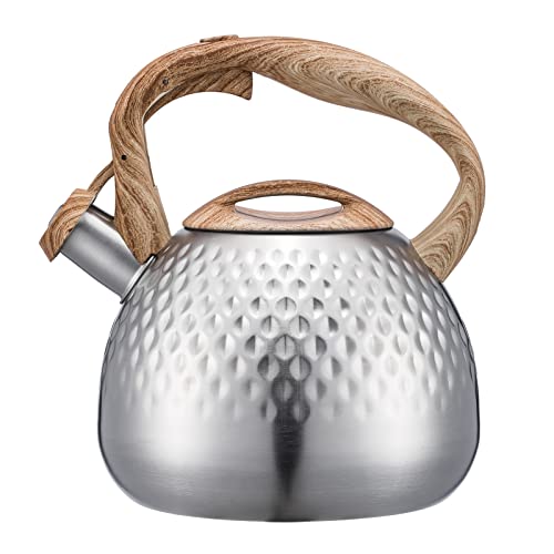 Tea Kettle, Stovetop Teapot, 2.7 Quart, Loud Whistle, Food Grade Stainless Steel And Smooth Wood Pattern Handle, Sophisticated Look For Hiking, Picnic, For Tea, Coffee, Milk (Silver) #TOP8